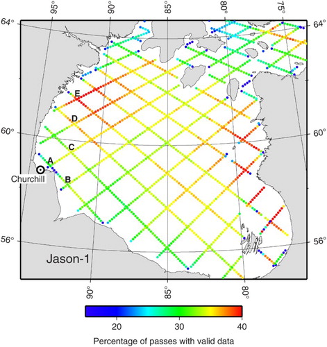 Fig. 6 Ground track locations of the T/P and Jason series of satellites, colour coded to the percentage of Jason-1 passes returning valid ocean data. (Percentages are similar for T/P and Jason-2.) Crossovers A through E are locations where the tides have been estimated from the altimeter data of each separate mission (T/P, Jason-1, and Jason-2); see Table 2.