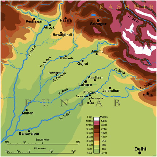 Figure 1. Topographic map of Punjab, ‘The Land of the Five Rivers’. Source: Wikimedia Commons.Footnote50