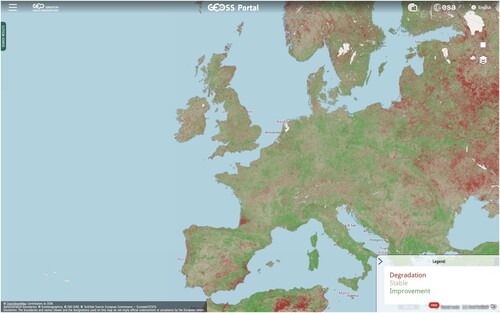 Figure 9. Output of UN SDG 15.3.1 (Land Degradation) calculation over Europe, visualized on the GEOSS Test Portal using the Virtual Earth Cloud APIs.