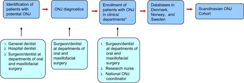 Figure 2 Flow chart of identification, diagnosis, enrolling and reporting ONJ in the three countries.