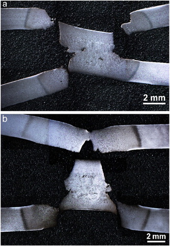 Figure 4. Cross-sectional view of cross-tension tested single pulse weld (a) and double pulse weld (b).