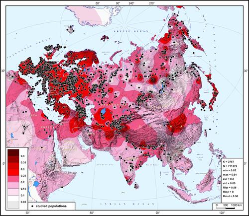 Figure 5 Distribution frequencies of blood group A (the ABO system) in the world. The map was modified from previous study.Citation46 The black points represent the populations analyzed. Abbreviations in the statistical legend indicate the following.