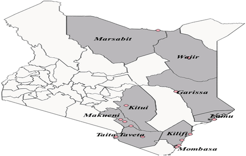 Figure 1. Map showing baobab-retailing counties and their markets in Kenya.