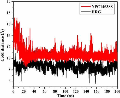 Figure 7. CoM distance (in Å) of kamolonol (NPC146388) (in red) and HRG/Arg-1 (in black), and ASP320 of NRP1 protein active site over the 200 ns MD simulations.