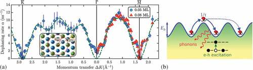 Figure 12. Molecular dynamics of water on novel surfaces: HO on BiTe. (a) Momentum transfer dependence of the dephasing rates for the diffusion of H2O on Bi2Te3(111) (T=150 K) at a water coverage of 0.05 ML (blue circles) and 0.08 ML (red triangles), respectively. The dash-dotted line corresponds to the analytic model for jump diffusion with jumps on a hexagonal lattice to nearest and next-nearest sites as illustrated in the small inset. The red and yellow circles illustrate the jump distance to the next and next-nearest sites, respectively. Reprinted from [Citation52] under the terms of the Creative Commons CC BY license. (b) Schematic illustration of H2O moving in a 1D lateral potential and Kramers turnover theory: Because of the low rate of energy transfer from the substrate to H2O, the rate of barrier crossing is low. On the other hand, once the molecule has gained enough energy to cross the diffusion barrier Eb, energy dissipation to the substrate is also small meaning that the molecule may travel even further and undergo a long jump.