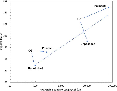 Figure 5. Attached number of MC3T3-E1 cells after 72 h increases with GBL/Cell, the average length of grain boundaries per attached cell on the substrate surface.