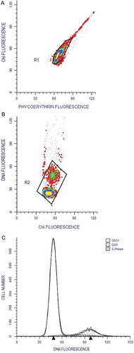 Fig. 8. Flow cytometric plots of Synechococcus sp. CSIRNIO1. (A) Region 1 (R1) selected to avoid outliers in the cell cluster. (B) Region 2 (R2) selected to avoid cell aggregates in DNA distribution. (C) DNA bimodal distribution and features as obtained from ModFit LT ver. 3.2 software (CV and RCS value of shown sample was 9% and 0.96, respectively).