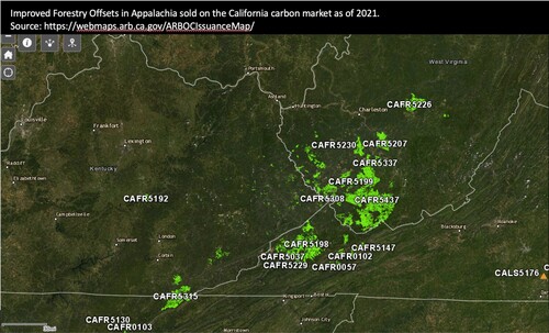 Figure 2. Map of IFM carbon offsets in Central Appalachia that have been sold on the California carbon market as of 2021.