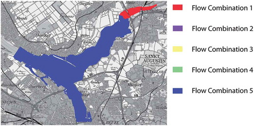 Figure 9. Design relevant discharge combinations as outlined in Fig. 7 for the confluence reach of the Rhine River and the Sieg River.