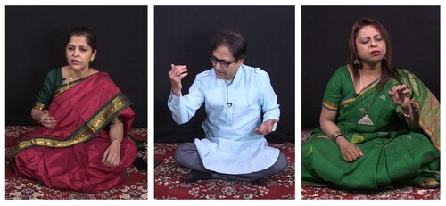 Figure 1. Singers, from left to right: Apoorva Gokhale (AG), Chiranjeeb Chakraborty (CC), and Sudokshina Chatterjee (SCh). Video stills (detail).