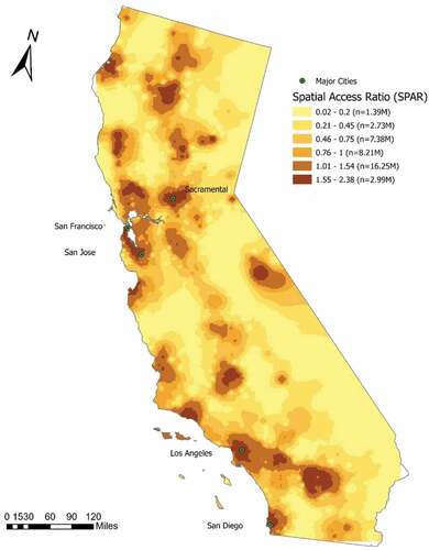 Figure 1. Spatial Access Ratio (SPAR) to EGS services in California, 2014–2016 (Note: SPAR values were first calculated for CBG centroids and then interpolated to the entire state using an inverse distance weighting method; SPAR values were categorized using the Jenks natural breaks method with minor revisions, greater values of SPAR denote better spatial access).