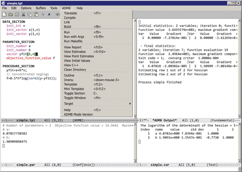 Figure 2. Typical AD Model Builder session, using ADMB-IDE. The top-left window shows the model code, demonstrating some of the sections and classes recognized by the ADMB-to-C++ translator. The menu includes commands to build a model, run and view the output. Other windows show point estimates, standard errors and correlation of estimated quantities.