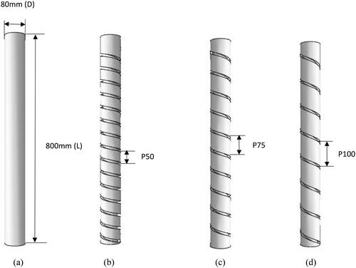 Figure 5. (a) Control pile P0, (b) RCC pile with helical grooves P50, (c) RCC pile with helical grooves P75, and (d) RCC pile with helical grooves P100.