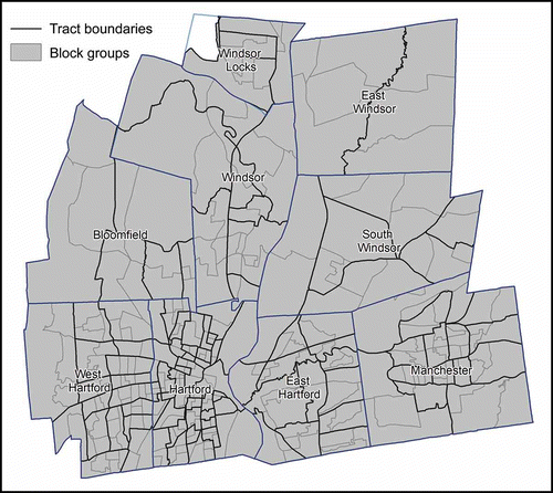 Figure 1. The nine-town region overlaid with the source and target zones. The nine towns are Bloomfield, East Hartford, East Windsor, Hartford, Manchester, South Windsor, West Hartford, Windsor, and Windsor Locks. One tract in Winsor Locks was not included in the study region because it is Bradley International Airport.