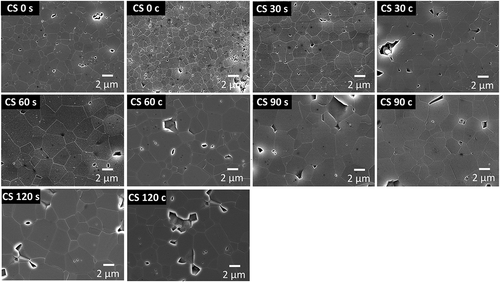 Figure 7. FE–SEM microstructures of conventionally sintered samples (s: surface; c: center).