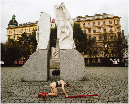 Figure 3. Steven Cohen. Cleaning Time (Vienna) – A Shandeh un a Charpeh. Albertinaplatz #1. Vienna. 2007. Photograph © Marianne Greber/Bildrecht, 2018.