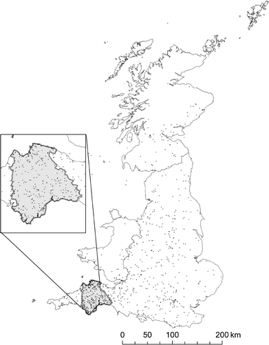 Figure 1. Point set retrieved for top 100 documents for query‘∼hotels Devon’. The boundary of the administrative region corresponding to Devon is shown.
