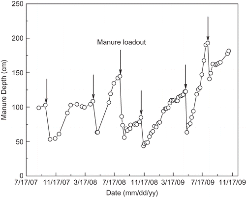 Figure 9. Manure depths measured in the manure pit. Each arrow indicates manure load-out.
