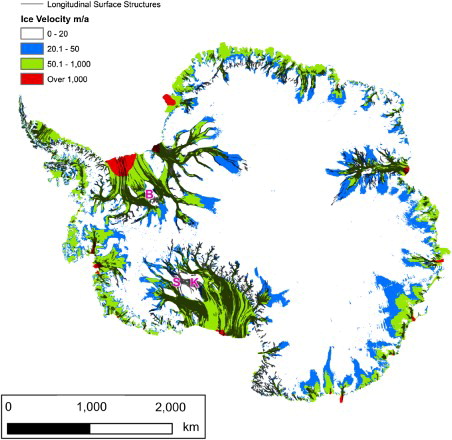 Figure 6. The correspondence between LSSs and ice velocity. Velocity data from CitationRignot et al. (2011) (http://nsidc.org/data/nsidc-0484.html). Areas where structures occur on ice flowing less than 20 m/a are labelled: (S) Siple Ice Stream (CitationConway et al., 2002), (K) Kamb Ice Stream (Catania, Hulbe, Conway, Scambos, & Raymond, Citation2012), (B) The Bugenstock Ice Rise (CitationSiegert et al., 2013).