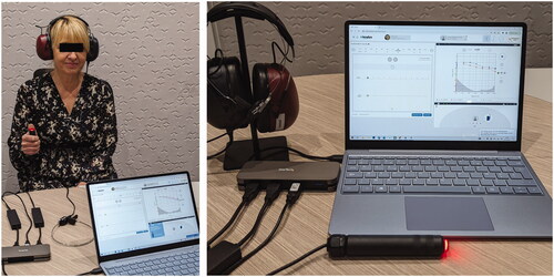 Figure 1. Koalys audiometric setup: Headset, bone vibrator and patient response button are connected to the laptop through a regular USB Hub. Software is accessible thanks to a web browser.