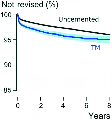 Figure 2. Kaplan–Meier survival for TM cups and other uncemented cups in primary THA with revision for any reason as the end-point. 95% CI levels presented around the curves in light blue and light grey.