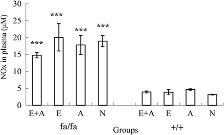 Figure 5. Comparison of the NOx concentrations in the plasma between the four groups. The NOx concentrations were higher in the obese rats than in the control Zucker rat. ***P < 0.001. The NOx concentrations in the plasma were significantly lower in the obese Zucker rats than in the control rats.