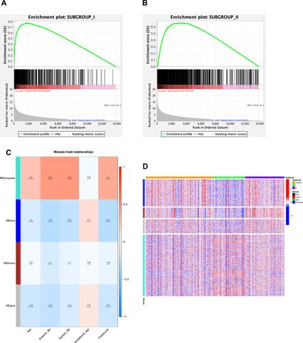 Figure 3 GSEA and WGCNA. (A) GSEA analysis on specific differential genes between group 1 and normal samples; (B) GSEA analysis on specific differential genes between group 2 and normal samples; (C) Module–trait relationships. (D) A heatmap of module genes.