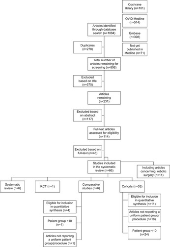 Figure 1 Flow chart of systematic search for literature and inclusion regarding laparoscopic aortobifemoral bypass surgery compared with open aortobifemoral bypass.