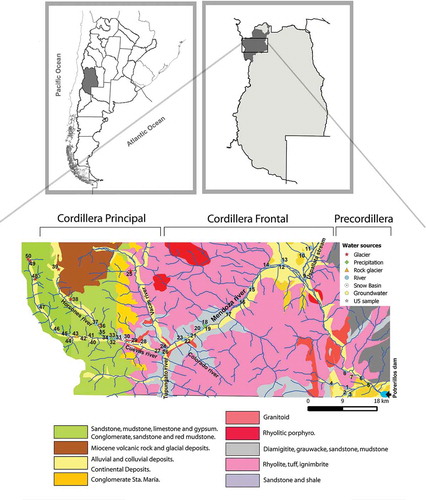 Figure 1. Map of the study zone and the associated geological characteristics, based on geological map 3369-I, Aconcagua (SEGEMAR Citation2014). 1: El Salto North Stream; 2: El Salto South Stream; 4: El Salto Stream; 5: Potrerillos precipitation; 6: Mendoza River in Guido; 7: Frontal groundwater spring; 8: Alumbre Stream; 9: Uspallata Stream; 10: Tambillos Stream; 11: San Alberto Stream; 12: Mendoza River; 13: Chacay Stream; 14: Ranchillo Stream; 15: Picheuta Stream; 16: Cortaderas Stream; 17: Tambillos Stream; 18: Polvaredas Stream; 19: Polvaredas precipitation; 20: Polvareditas Stream; 21: Negro Stream; 22: Colorado River; 23: Mendoza River; 24: Vacas River; 24: Cuevas River; 25: Relincho debris-covered and rock glacier; 26: Tupungato River; 28: Valle Azul snow catchment; 29: Santa María Stream; 30: Los Puquios snow catchment; 31: Cementerio Stream; 32: Cuevas River in Puente del Inca; 33: Puente del Inca precipitation; 34: Horcones River; 35: Horcones precipitation; 36: Almacenes rock glacier; 37: Horcones River in Durazno Ravine; 38: Horcones Inferior debris-covered glacier; 39: Horcones Superior Glacier; 40: Cascada Blanca Spring; 41: La Salada Spring; 42: unnamed spring (near Vertiente del Inca); 43: Tolosa Rock Glacier; 44: sample U5; 45: Cuevas River in Las Cuevas village; 46: Cuevas River in Matienzo Ravine; 47: Bonete Stream; 48: Matienzo debris-covered and rock glacier; 49: Alma Blanca Glacier; 50: Piloto Glacier.