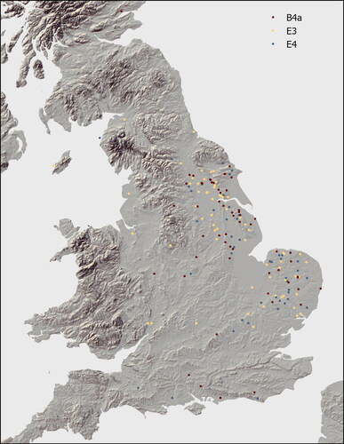 Figure 11. Distribution map of B4a, E3 and E4 later strap-end types.