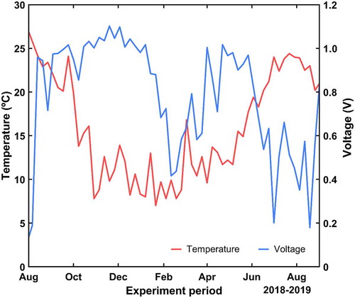 Figure 8. Temporal evolution of the temperature and the mean voltage of all trees during the long-term experiment