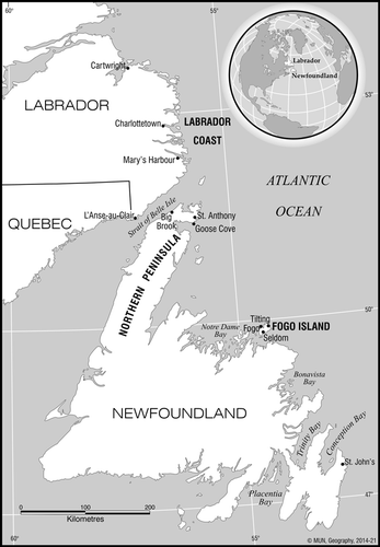 Figure 1. Location of three case-study regions in Newfoundland and Labrador, Canada.