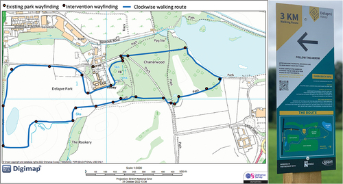 Figure 1. (Left) a map of Delapré Park with the locations of the newly installed wayfinding and walking route highlighted. (Right) An example of the wayfinding signs.