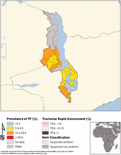 FIGURE 2. Prevalence of follicular trachoma (TF) in Malawi, according to the most recent survey data, including those reported in the current manuscript. TRA, trachoma rapid assessment; MoH, Ministry of Health.