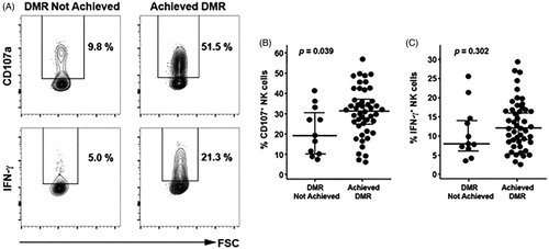 Figure 8. NK cell activity of TKIs-treated CML patients against HLA class I-deficient K562 cells was analyzed as CD107a degranulation and intracellular IFN-γ production by flow cytometry. The patients who achieved DMR showed higher NK cell activity. Representative data (A) and aggregated data (B, C) are shown (modified from Reference [Citation42]).