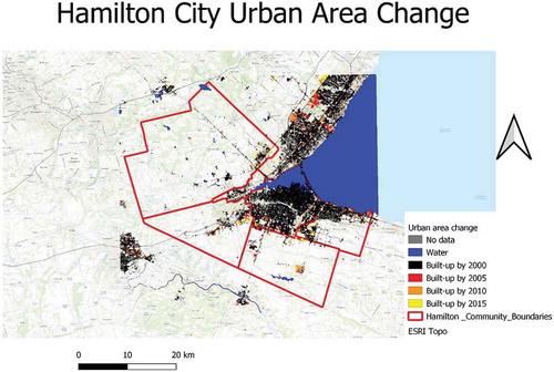 Figure 2. Hamilton city urban area in 2000, 2005, 2010 and 2015, with city boundary