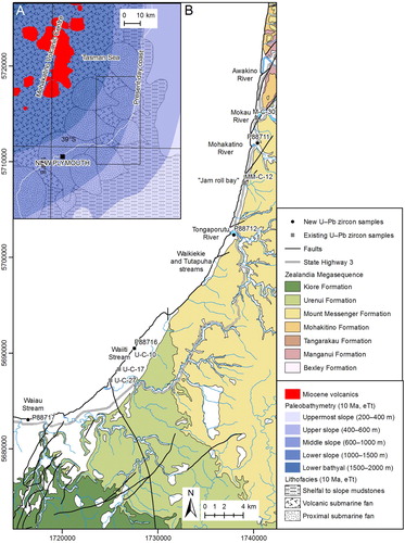 Figure 1. (A) Early Tongaporutuan (late Miocene, 10 Ma) paleogeographic map (Arnot and Bland Citation2016) of the Taranaki Basin showing the present-day coastline and the location of the northern Taranaki coastal section; (B) Simplified geological map of the northern Taranaki coastal section (Townsend et al. Citation2008) showing the locations of both new and existing U–Pb zircon tuff samples. Coordinates are given in the New Zealand Transverse Mercator (NZTM) projection relative to the New Zealand Geodetic Datum 2000 (NZGD2000).