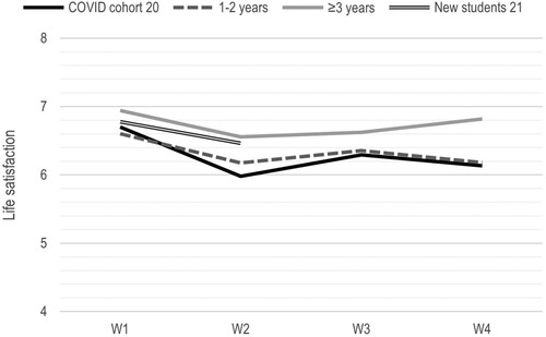 Figure 3. Life satisfaction wave 1–4 by student group.