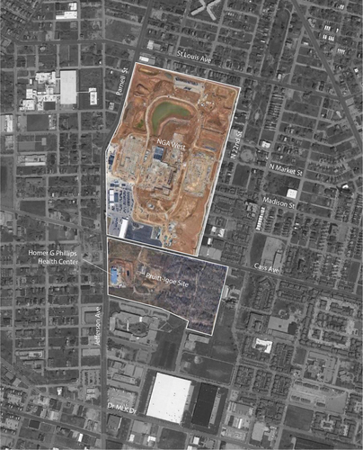 Figure 2. NGA West under construction and the beginning of the redevelopment of the former Pruitt-Igoe site, 2022. Image: Google Maps, notations B. Kim.