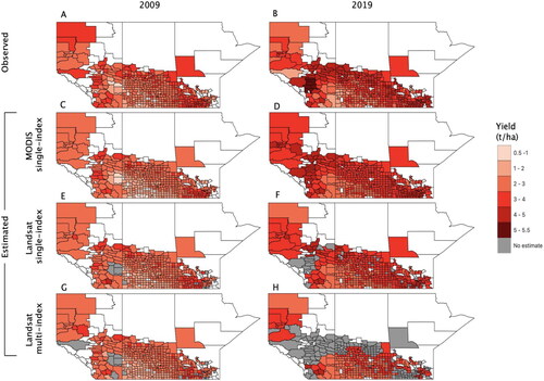 Figure 6. Spatial distribution of observed yield and estimated yield of wheat using different satellite index predictors for 2009 and 2019. Landsat-NDWI is the best performing single-index. Best performing multi-index combination using Landsat data for wheat is EVI + SR + NDWI. Regions in white represent absence of cropland within a given municipality. Regions in grey represent municipalities for which an model-specific yield estimate is unavailable.