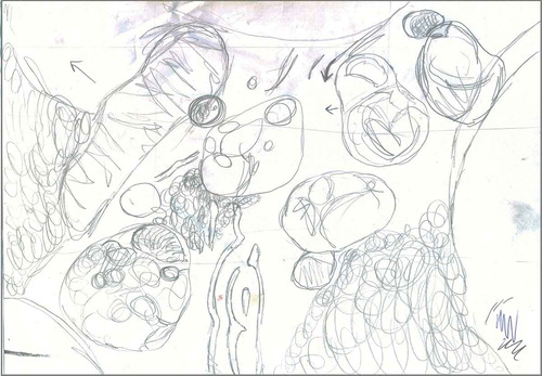 Figure 4. Sketch made in pencil showing the original design behind Autophagy 2. The final painting partially differs from this preliminary drawing due to the creative process.