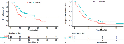 Figure 2 Overall survival curves (A) and progression-free survival curves (B) for patients who received Hepa-HAIC and HAIC.