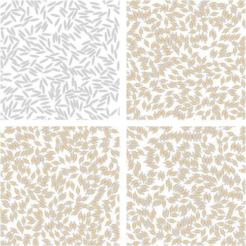 Figure 4. Representative snapshots taken from our NPT MC simulations, showing particles in a section of the simulation cell. Results have been obtained for patchy elliptic particles with aspect ratio κ=4 and reduced, dimensionless pressure P⋆=2. Selected temperatures are: T⋆=∞ – top left, T⋆=2.0 – top right, T⋆=1.0 – bottom left, and T⋆=0.6 – bottom right.