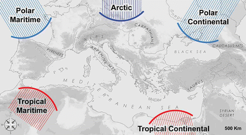 Fig. 1 Schematic representation of the main forcing factors affecting regional variability and precipitation in the Mediterranean Basin.