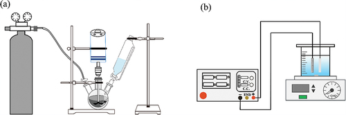Figure 1. Schematic diagram of the experimental setup. (a) Schematic diagram of the ACF/nZVI synthesis device. (b) Schematic diagram of the electrochemical experiment.