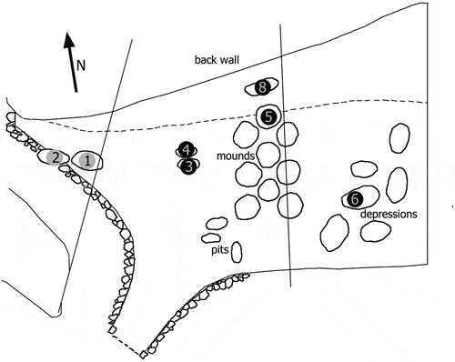 Figure 3. Plan of La Ferrassie ‘cemetery’ with the position of five child burials and two adult burials, LF1 is marked ‘1’ (drawing by Gail Hitchens, redrawn from Heim 1982).