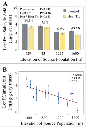 Figure 3. (A) Effect of a heat treatment of 44°C for 3 hr on leaf concentrations of free SA in plants from 4 source populations: BAR (429 m), HOR (431 m), ALE (1225 m), and VIE (1600 m). Each population was represented by 8 or 9 independent maternal lines, each represented by 2 replicates in each of the 2 treatments, for a total of 144 plants (Table S5). (B) Regression of population means of natural log transformed leaf camalexin concentrations from 11 populations in the 2013 common garden experiment as a function of the elevation of the source population in meters (Table S6). Four populations (PIN, RAB, BAR, and HOR) lacked constitutive leaf camalexin concentrations and were excluded from the regression. Significant P values are indicated in bold.