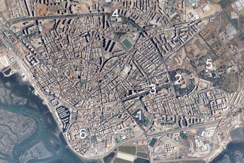 Figure 1. The consolidated area of the city of Faro and its urban green infrastructure. 1: Alameda Park, 2: Lyceum, 3: Avenue 5 October, 4: Avenue Calouste Gulbenkian, 5: Quinta Santo Antonio do Alto, 6: The historical centre on the edge of Ria Formosa National Park.