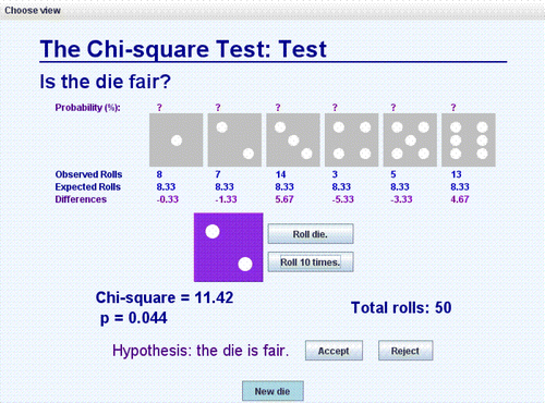 Figure 3: The test view of the chi-square applet.