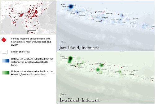 Figure 6. Comparative analysis of the data harvested from the Twitter live stream and groundtruth data, for flood events in Java, Indonesia during 18–24 May, 2022.
